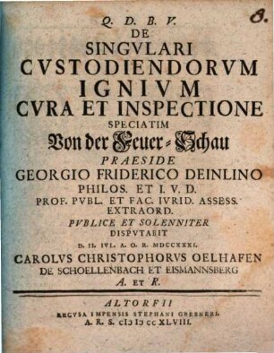 De Singvlari Cvstodiendorvm Ignivm Cvra Et Inspectione Speciatim Von der Feuer-Schau