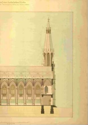 Entwurf für eine fiktive Katholische Kirche, Ansicht und Querschnitt der Nordseite mit Maßwerkfenstern, Kirchturm und Fiale
