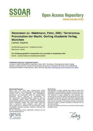 Rezension zu: Waldmann, Peter, 2001: Terrorismus. Provokation der Macht. Gerling Akademie Verlag, München