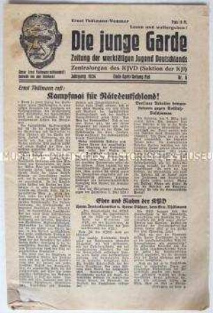 Exilausgabe der Zeitung des KJVD "Die junge Garde" u.a. zum Mord an John Schehr und Erich Steinfurth