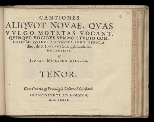 Jakob Meiland: Cantiones aliquot novae ... motetas vacant, quinque vocibus ... Tenor
