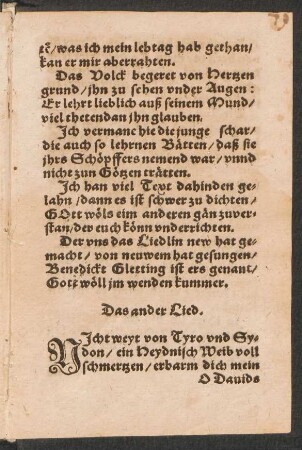 Das ander Lied. || : Das erst Von dem Fröwlin von Samaria by Sanct Jacobs Brunnen Wasser zu schöpffen/ [et]c. In der weiß/ Es wolt ein Meydlin Wasser holen. Das ander/ Von dem Cananeischen Weiblin/ Im Thon/ Ich weiß mir ein Jungen Knaben