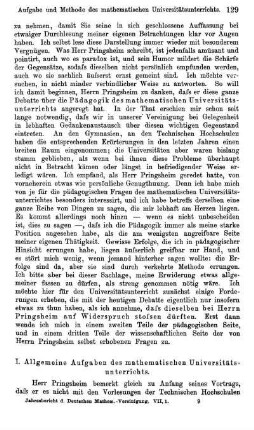 I. Allgemeine Aufgaben des mathematischen Universitätsunterrichts.