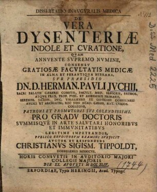 Dissertatio Inavgvralis Medica De Vera Dysenteriae Indole Et Cvratione