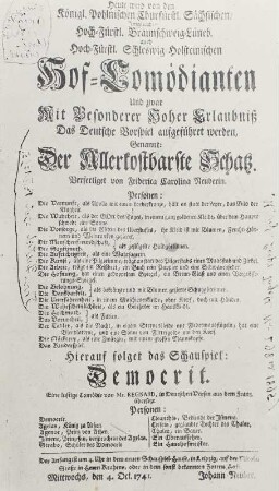 Theaterzettel: Friderike Karoline Neuber "der allerkostbarste Schatz", Jean-Francois Régnard "Demokrit"