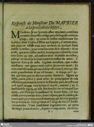 Response de Monsieur Du Maurier à la precedente lettre
