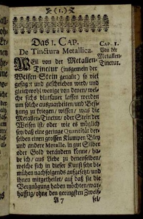 Das 1. Cap. De Tinctura Metallica.