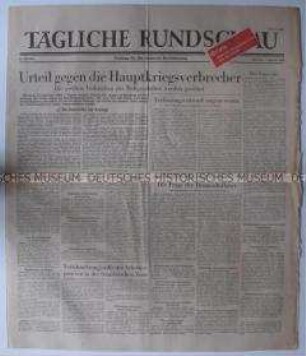 Sowjetische Tageszeitung für die deutsche Bevölkerung "Tägliche Rundschau" zur bevorstenden Urteilsverkündigung in Nürnberg