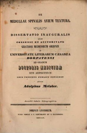 De medullæ spinalis avium textura : Diss. inaug. Acc. tab. lith.
