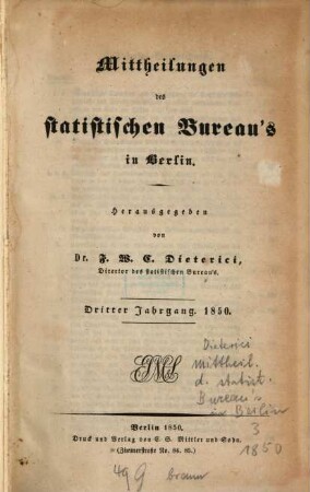Mittheilungen des Statistischen Bureau's in Berlin. 3. 1850