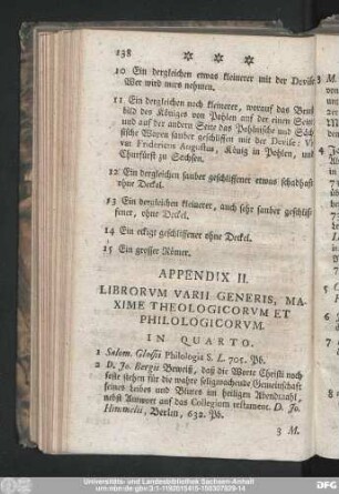 Appendix II. Librorum Varii Generis, Maxime Theologicorum Et Philologicorum.
