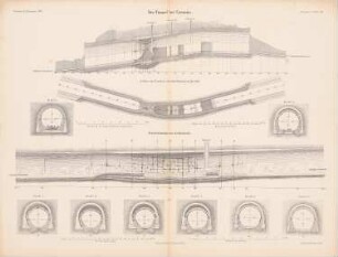 Tunnel, Czernitz: Grundriss, Innenansicht, Schnitte (aus: Atlas zur Zeitschrift für Bauwesen, hrsg. v. G. Erbkam, Jg. 10, 1860)