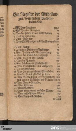 Ein Register der Abtheilungen/ so in diesem Buche enthalten sind.