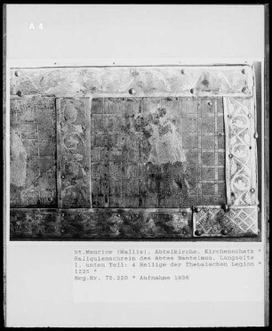 Reliquienschrein des Abtes Nanthelm (Nantelmus), Längsseite I, Detail: der Heilige Mauritius und seine Gefährten der Thebäischen Legion