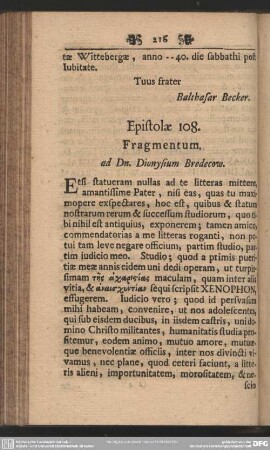 Epistolae 108. Fragmentum. ad Dn. Dionysium Bredecow