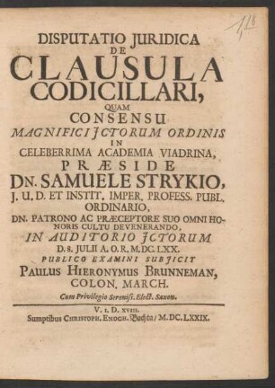 Disputatio Iuridica De Clausula Codicillari