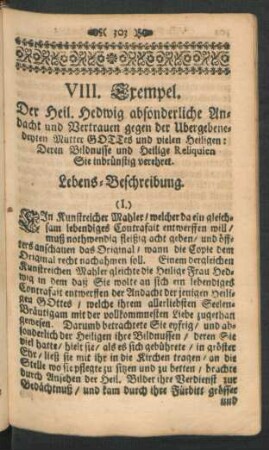 VIII. Exempel. Der Heil. Hedwig absonderliche Andacht und Vertrauen gegen der Ubergebenedeyten Mutter GOTTes und vielen Heiligen : Deren Bildnusse ...