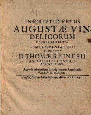 Inscriptio vetus Augustae Vindelicourm haud pridem eruta