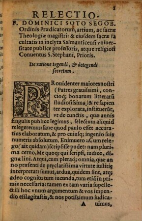 Relectio Fratris Dominici Soto de ratione legendi et delegendi secretum