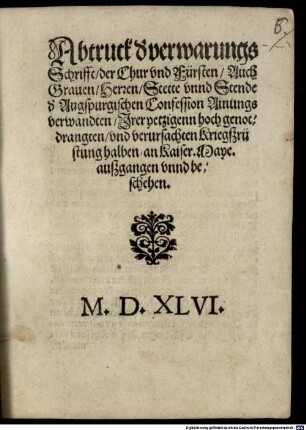 Abtruck der verwarungsschrift der Stende der Augsp. Conf. ... irer Kriegsrüstung halben