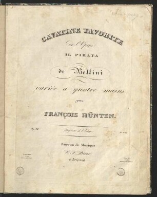 Cavatine favorite de l'opera Il Pirata de Bellini : op. 36 ; variée à quatre mains