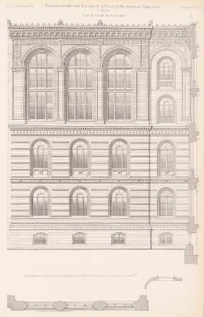 Dorotheenstädtische Realschule und Friedrich-Werdersches Gymnasium, Berlin: Realschule: Fassadenansicht, Schnitt (aus: Atlas zur Zeitschrift für Bauwesen, hrsg. v. G. Erbkam, Jg. 28, 1878)