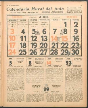 Calendario mural del aula : Clases especiales, creación de Mundo Argentino