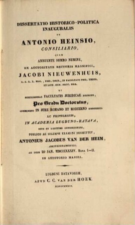 Diss. hist.-polit. inaug. de Antonio Heinsio, Consiliario