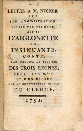 Lettre à M. Necker sur son administration