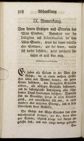 IX. Anmerkung. Von denen Gesetzen und Strafen des Wehr Standes.