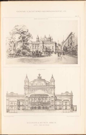 Reichstag, Berlin Zweiter Wettbewerb: Perspektivische Ansicht vom Brandenburger Tor, Querschnitt (aus: Sammelmappe hervorragender Konkurrenzentwürfe H. 6, hrsg.v. K.E.O. Fritsch, 1883)