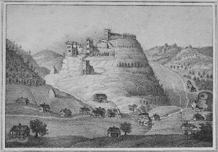 Oybin. Der Oybin, nach einer Ansicht von Carpzow, Repro