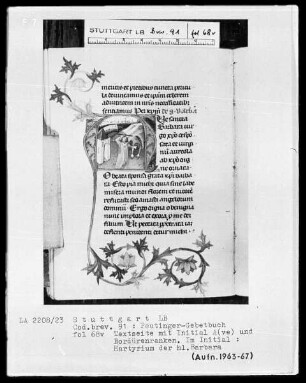 Gebetbuch des Konrad Peutinger — Initiale A (ve Sancta Barbara), darin Martyrium der Heiligen, Folio 68verso