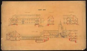 Schloss von Dr. Strousberg, Zbirow Umbau: Gesamtlängsschnitt, Querschnitt
