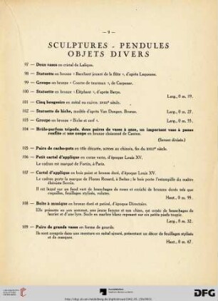 Sculptures - Pendules - Objets divers (Nr. 97-116)