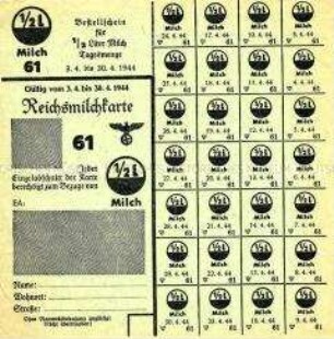 Reichsmilchkarte Nr. 61 für 1/2 l Milch