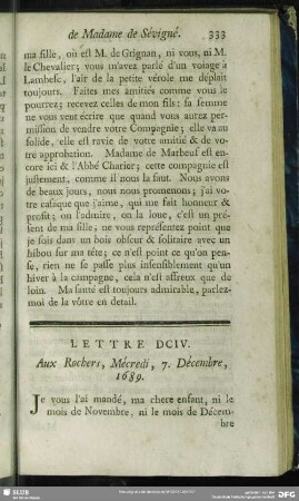 Lettre DCIV. Aux Rochers, Mécredi, 7. Décembre, 1689