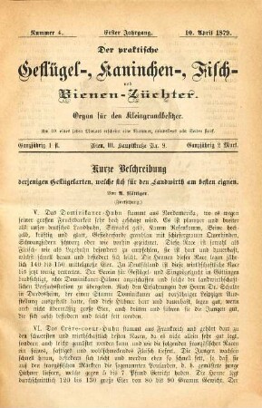 Der praktische Geflügel-, Kaninchen-, Fisch- und Bienen-Züchter : Organ für den Kleingrundbesitzer, 1. 1879