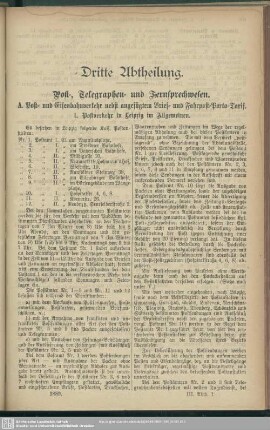 Dritte Abtheilung. Post-, Telegraphen- und Fernsprechwesen