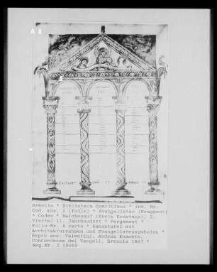 Evangelistar — Kanontafel mit Architekturrahmen und Evangelistensymbolen, Folio 4 recto