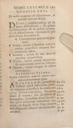 Quaestio LXVI. De ordine creationis ad distinctionem, in quatuor articulos divisa.