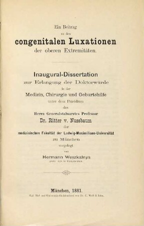 Ein Beitrag zu den congenitalen Luxationen der oberen Extremitäten : Inaugural-Dissertation