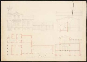 Villa mit Längstrakt im schweizer Stil: Vorder- und Seitenansicht, Schnitte, Grundriss Erdgeschoss