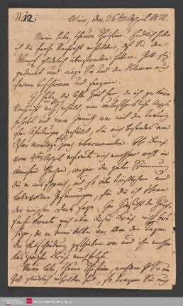 Meine liebe, theure Christine! Endlich habe ich die frohe Nachricht ... , 26.04.1822. - Benediktinerabtei St. Bonifaz in München und Andechs