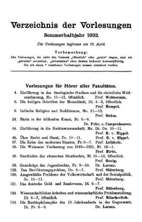 Verzeichnis der Voelesungen Sommerhalbjahr 1932.