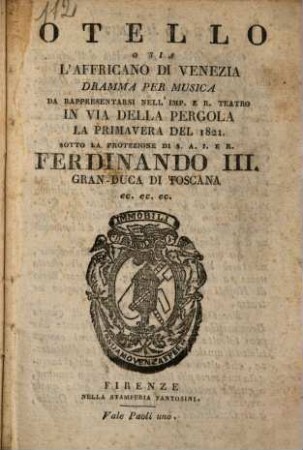 Otello osia L'Affricano di Venezia : Dramma per musica