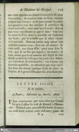 Lettre CCLXIX. A la même. A Paris, Mécredi 29. Avril, 1676