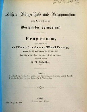 Programm : durch welches zur öffentlichen Prüfung ... im Namen des Lehrer-Collegiums ergebenst einladet, 1876/77