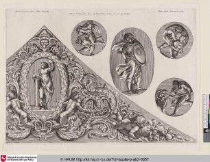 [Ornamentaler Fries und ovale und runde Felder mit den Taten des Herkules, der Personifikation der Standhaftigkeit und einer mit Schild bewehrten Figur, Details der Decke im Camerino des Palazzo Farnese]