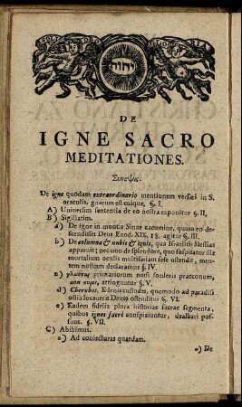 De Igne Sacro Meditationes. Συνοψις.